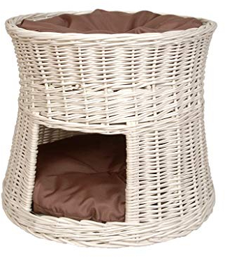 Panier pour Dormir Chat – Niche pour Chats à l'intérieur – Diamètre : 50 cm Ronde – Cave pour Chats en Osier – Lit à Deux Niveaux pour Chat ou Chien avec Coussins lavables en Marron – Panier Blanc