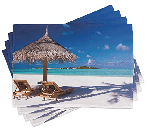 ABAKUHAUS Landschaft Platzmatten, Insel Karibik Flitterwochen Themen Strand Meer Ozean Print, Tiscjdeco aus Farbfesten Stoff für das Esszimmer und Küch, Hellbraun Türkis und Weiß