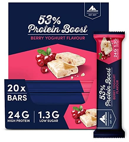 Multipower 53% Protein Boost – 20 x 45 g Protein Riegel Berry Yoghurt mit 53% hochwertigem Protein – 24 g Eiweiß und 1,6 g Zucker je Eiweißriegel