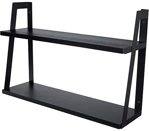 Peter's Goods 2-Tier Modern Rustic Floating Wall Shelves - Wall Mounted Wood Shelf for Display, Books, Storage & Decor - For Bathroom, Office, Living Room, Bedroom, Laundry, Kitchen (Modern Black)