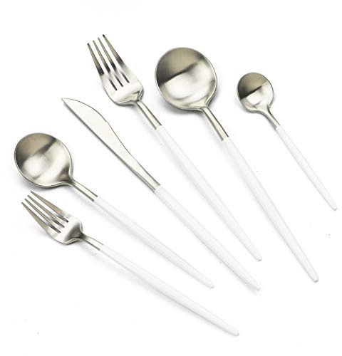 JASHII Besteck-Set mit weißem Griff, silberfarbenes Besteck aus 304er Edelstahl, 24-teiliges Adaline Royal modernes Satin-Finish, bestes Geburtstags- und Hochzeitsgeschenk (weißer mattes Silber)