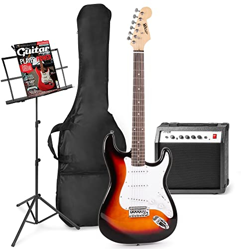 MAX GigKit Pack Guitarra Eléctrica – con amplificador de 40W, atril, funda acolchada, afinador digital, cable de instrumento, correa ajustable y accesorios - Sunburst