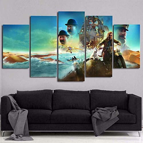 Leinwandbild 5 Teile Bilder Filmanimation Die Abenteuer von Tim und Struppi 5 teilige Wandbilder Wandbilder Kunstdruck 150X80cm Mit Rahmen Vlies Leinwanddrucke Leinwandbilder Cadeau d'Halloween