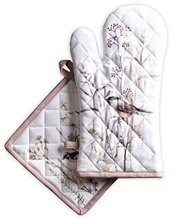 Maison d' Hermine Ofenhandschuh + Topflappen aus 100% Baumwolle, hitzebeständiger Ofenhandschuh(19cm x 33cm) & Topflappen(20cm x 20cm) für Koch, Mikrowelle, Meadow Florals - Brown – Frühling/Sommer