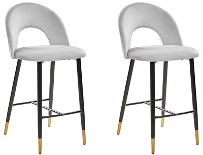 Beliani 2 Tabourets Chaises Hautes de Bar en Velours Gris Pieds Noirs et Dorés Design et Confort pour Cuisine ou Salon Rétro et Glamour