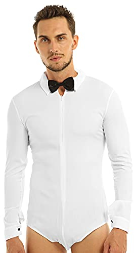 TTAO Herren Langarm Bodysuit Giltzer Tanz-Body mit Fliege Latein Obeteile Leotard Standard Hemdbody Leotard Overalls Party Performance Tanzkostüm Weiß M