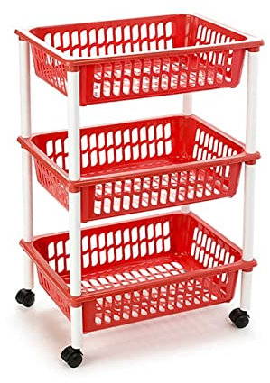 AC - Carrito verdulero Modelo PLFT de plástico con 3 Niveles y Ruedas, cestas apilables portaobjetos, Frutas, Verduras, Cocina, baño (Rojo - 61 x 40 x 30 cm)