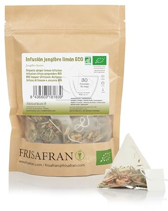 FRISAFRANO | Infuso di zenzero e limone in piramidi Bio 30Un | 60g | Antinfiammatorio | Antiossidante | Tè allo zenzero e limone | tè allo zenzero | Antiossidante | Vitaminico | Digestivo | Tisana