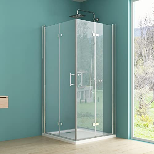 IMPTS Duschkabine Eckeinstieg 80x90cm komplett set Falttür,Doppelt Falttüren Duschabtrennung Duschtür klappbar tür aus 6mm ESG Klares Nano Sicherheitsglas,inkl. Duschwanne & ablaufgarnitur Höhe 195cm