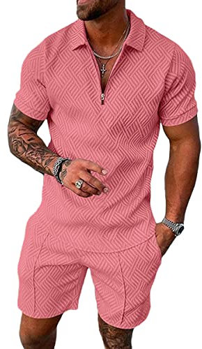 seiveini Ensemble Jogging Homme Survêtement Été à Manches Courtes Tenue de Sport Chemises à Zip et Short A Rose XL