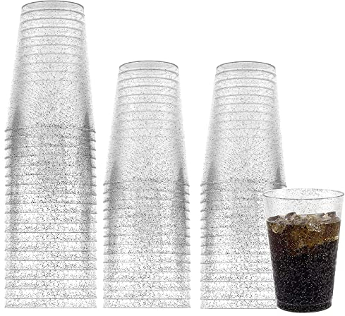 CYH 50 Stück Mehrweg Plastikbecher mit Silberglitter, 300ml Transparent Partybecher Wiederverwendbare Runde Trinkbecher Elegante Party Weingläser für Party Hochzeit Geburtstag Picknick (Silber)
