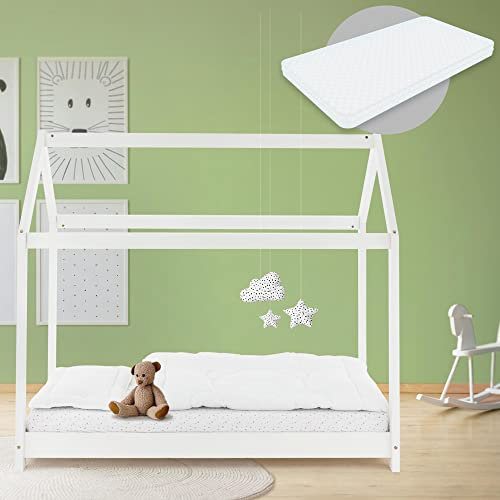 ML-Design Kinderbett 80 x 160 cm Weiß mit Matratze, Dach und Lattenrost, Hausbett für Mädchen und Jungen, Kinderhaus aus Kiefernholz, Bodenbett Jugendbett, Kinder Bett, Bettenhaus Spielbett Holzbett