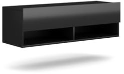 PRICE FACTORY just for you Meuble TV Suspendu Design Cluj, 100 cm, 1 Porte et 2 niches, Coloris Noir et Noir Brillant.