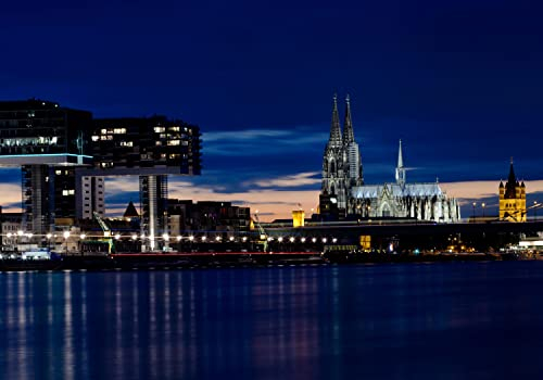 wandmotiv24 Fototapete Köln bei Nacht, 400 x 280 cm - selbstklebende Strukturtapete, Wanddeko, Wandbild, Wandtapete, Großstadt, Deutschland M0292