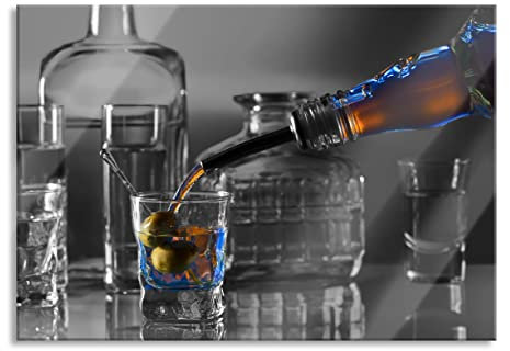 Pixxprint Glasbild, Wandbild aus Echtglas, Alkohol Shots mit Oliven, 60x40 cm, inkl. Aufhängung und Abstandshalter