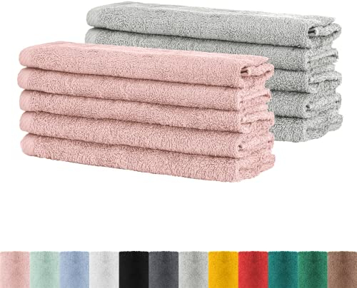 BaSaTex - Handtuch Set für Gäste 10er Pack - Frottee-Handtücher mit Aufhängeschlaufe aus weicher Baumwolle in 30x50cm - Waschtücher für Gäste Öko-Tex Standard 100 Zertifiziert - Grau & Altrosa
