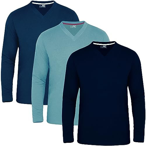 JRC Just Royal Clothing Pack of 3 Mens Long Sleeve V-Neck T-Shirts, Casual Vee Neck Tops (Navy, Stone Blue, Mid Night, XL)