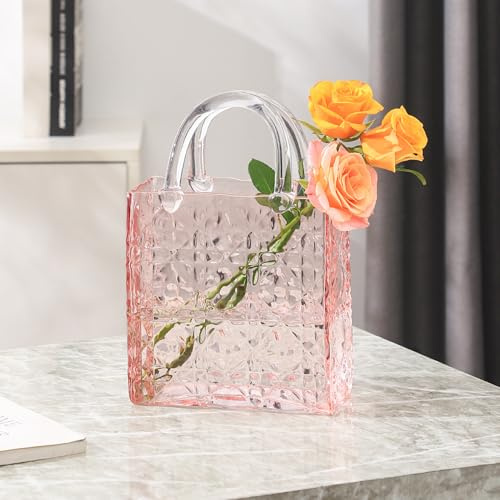 PORPAN Purse Vase, Glass Bag Vase, Glass Purse Vase for Flowers, Pink Vases, 12 Inch Large Flower Vase with Embossed Pattern for Wedding, Living Room, Bedroom, Table, Office(Tote)