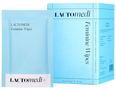 LACTOMEDI Feminine Tücher | Unparfümierte Damentücher | Einzeln verpackt | Feminine Tücher mit ausgeglichenem pH-Wert | Spülbare Tücher für empfindliche Haut | 1 Box x 15 Stück