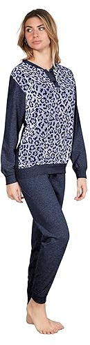 Leo Corsetteria Pigiama Donna Invernale Serafino Jacquard Felpato Molto Caldo Polsini Leopardato 7101-111MP