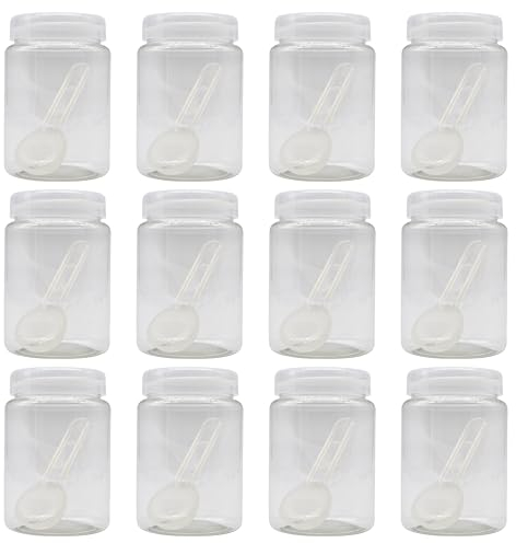 MAKREL Unbreakable Plastic Spice Jars with Spoons. Premium Clear Storage Containers with Screw Top Lids, Multi-Purpose Kitchen Food Jar Set (12 x 200ml)