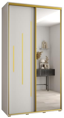 MEBLE KRYSPOL Davos 13 140 Schrank mit Zwei Schiebetüren für Schlafzimmer - Moderner Kleiderschrank mit Spiegel, Kleiderstange und Regalen - 235,2x140x45 cm - Weiß Weiß Gold