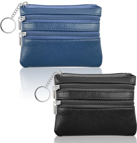 Furuising 2 Pièces Petit Porte-Monnaie Cuir Femme, Mini Porte Monnaie Cuir, Petit Portefeuille avec Porte-clés et 3*Compartiments, Mini Coin Purse pour Femme Homme Enfant Fille Garcon(Noir Bleu)