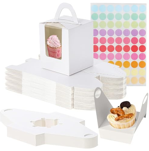 12 Pcs Cupcake Boxes Individual 110 x 95 x 95 mm with Window and 70 Stickers Brownie Box Cookie Box Single Cupcake Boxes Suitable for Cupcakes Desserts Pastries Cookies Petits Fours Candies Pies
