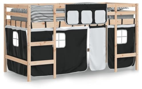 vidaXL Lit Mezzanine Enfants et Rideaux, Lit Surélevé pour Enfants avec Échelle, Meuble de Rangement Chambre, Moderne, Blanc Noir 90x190 cm Pin Massif