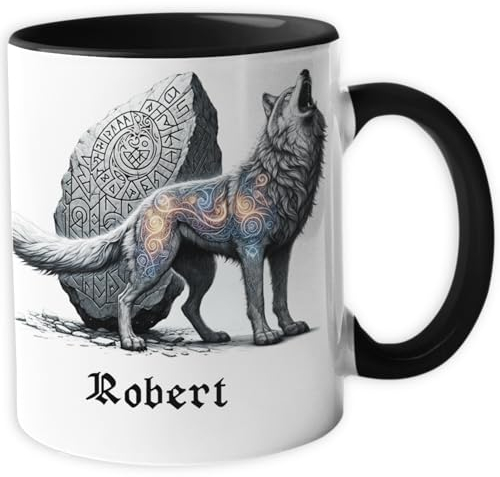 Personalisierte Wikinger Tasse | Motiv Wolf mit Runenstein | mit Namen personalisiert, Keramik Kaffeetasse Metbecher mit Wunschname 330 ml 34