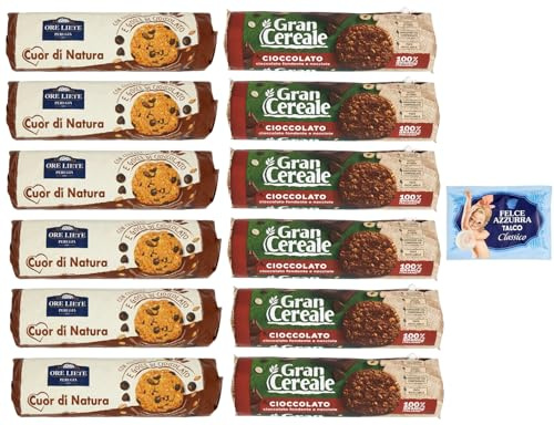 12er-Pack Testpaket Biscotti Cereali Cioccolato Ore Liete 250g + Gran Cereale 230g Kekse mit Müsli und Schokoladen Verpackt in Tube + 1er-Pack Kostenlos Felce Azzurra Talkumpuder, 100g-Beutel
