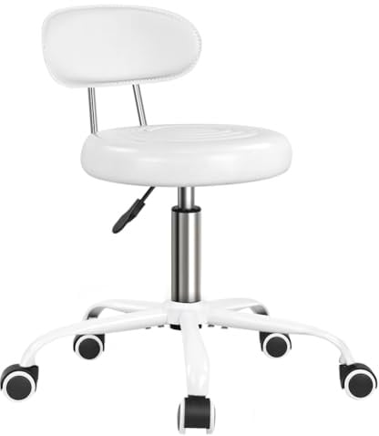 WKWKER Rolling Stool with Wheels Swivel Stool with Back Height Adjustable Chair PU Leather Rolling Chair Ideal for SPA Salon Home Office Drafting Work (White)