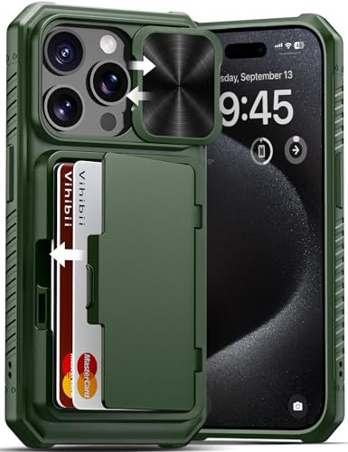 Vihibii for iPhone 15 Pro Case Wallet with Card Holder (4 Cards) & Slide Camera Lens Cover & Kickstand & Raised Edges Protective Screen, Rugged Durable Phone Case for iPhone 15 Pro 5G 6.1 2023, Green