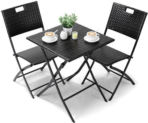 Ensemble de Meubles de Balcon 3 pièces, Salon de Jardin Pliable, Ensemble de Balcon en Rotin, 2 Chaises et 1 Table, Ensemble Bistrot Noir, Ensemble Table Chaise Jardin, pour Balcon, Terrasse et Jardin