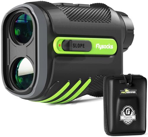 Flysocks Range Finder Golf, telemetro laser da 1200 metri con pendenza, vibrazione di bloccaggio della bandiera, ingrandimento 7x, ricarica USB-C con striscia magnetica, accessori da golf per uomo