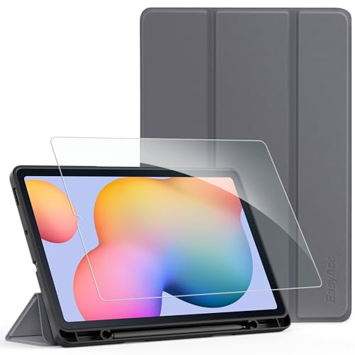EasyAcc Étui pour Samsung Galaxy Tab S6 Lite 10,4 Pouces 2024/2022/2020 avec Verre Trempé - Ultra Mince vec Couvercle Léger Étui en Cuir PU pour Tablettes (Gris Foncé)