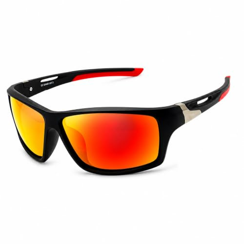 Rennec Sonnenbrille Herren Polarisiert Sportbrille Orange Verspiegelt Schwarz Matt Leichtgewicht Radbrille Anglerbrille Bikerbrille