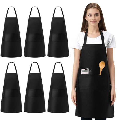 Vegena Schürze Schwarz, 6 Stück Kochschürze Damen, Küchenschürze Damen Herren, Grillschürze mit 2 Taschen, für Kochen, Küche, Gartenarbeit, Restaurant, Kaffeehaus, Malen, Hausarbeit (60x70cm)