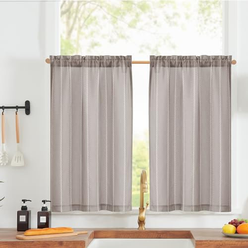 Vangao Nautische Scheibengardinen Küche Gestreifte Leinenoptik Gardinen Kurzer Vorhang Modern Boho Küchenvorhang,Lichtfilterung Fenstergardinen für Wohnzimmer Badezimmer 65Bx60H(cm) 2er Set Grau
