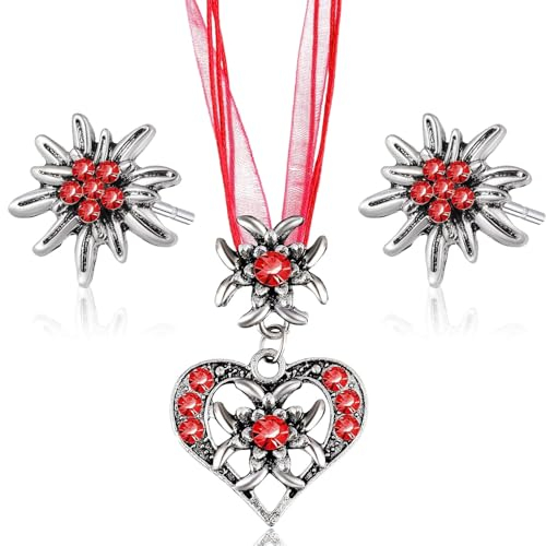 Sunshine smile 3 Stück Trachtenkette Wiesnherz,Trachtenschmuck Damen Set,Oktoberfest Trachtenschmuck Damen,Edelweiss Dirndl Schmuck für Damen Bierfest Trachten Dirndl Outfit Accessoires Oder (Rot)