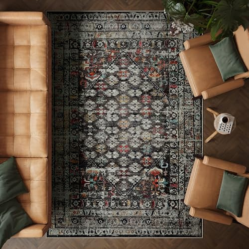 artyrugs Machine Washable Rug, 200x290cm, 75% Recycled Cotton, Short Pile, Non-Slip Backing, Non-Shedding, Suitable for Bedroom, Kitchen, Hallway, Office, Large, Opal Charcoal