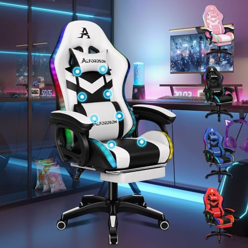 ALFORDSON LED Silla Gaming, Silla Gamer con Masaje de 8 Puntos, Silla de Ordenador Ergonómico con Iluminación RGB con Soporte Lumbar y Reposacabezas, Altura Ajustable, Cuero sintético, Blanco