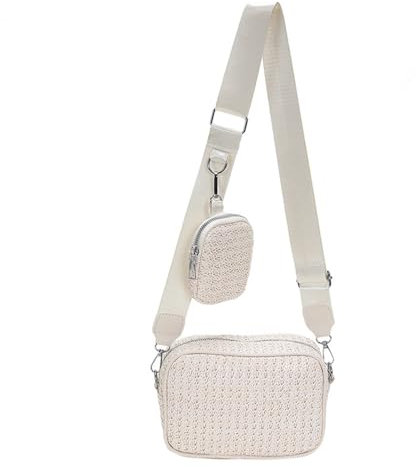 TOFBS Sac a Main Femme en Paille Petit Bandoulieres Tissés Pochette Telephone Portable Été Sacoche avec Sangle Réglable et Amovible pour Mariage Plage Parti (Beige)