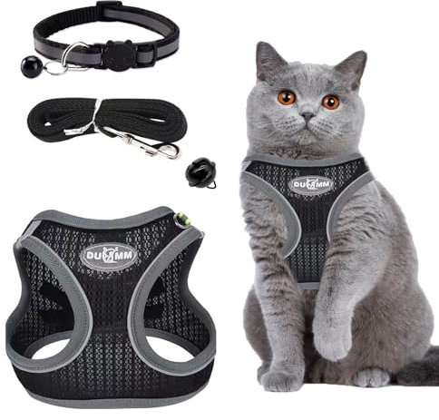 katzengeschirr mit Leine Ausbruchsicher,Verstellbares Katzen Geschirr,katzengeschirr Weichem Innenfutter und Atmungsaktivem Mesh mit Reflektierenden für Outdoor Training Gehen(Schwarz XS)