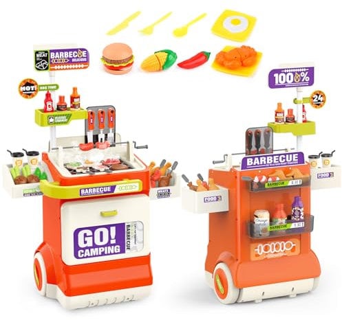 Barbecue Grill Toy Set, Kids BBQ Kitchen Playset with Smoke, Sound& Light, Pretend Play Food Barbecue Cooking Game Toys,Indoor&Outdoor Play Grill Cart Toy Gift for Kids Boys Girls Ages 3+ (Orange)