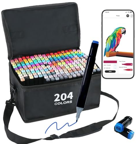 Vokiuler 204 Colours Alcohol Pens Set, Art Markers with APP, Dual Tips Artists Marker Chisel & Fine Gift for Stundent Kids Adult Drawing Colouring Illustration Graphic Designing with Carrying Case