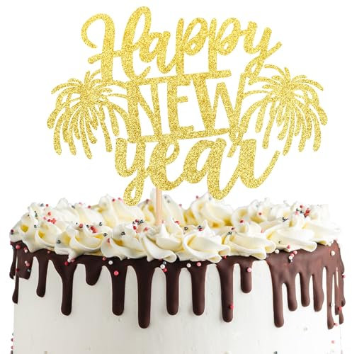Xsstarmi Tortenaufsatz Happy New Year, goldfarben, Feuerwerk, Glitzer, Willkommen bei 2025, für Cheers to 2025 Happy New Year Celebrate Party Cake Decorations Supplies