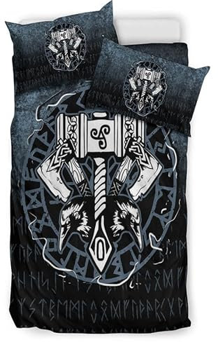 Bettwäsche-Set für Doppelbett, 200 x 200 cm, Wikinger-Bettwäsche, Doppelbett-Set, Odin Raven, Hugin und Trauer, Bettbezug-Set, luxuriöse Mikrofaser, 3-teilig, Kinder-, Jugendzimmer-Dekoration, mit