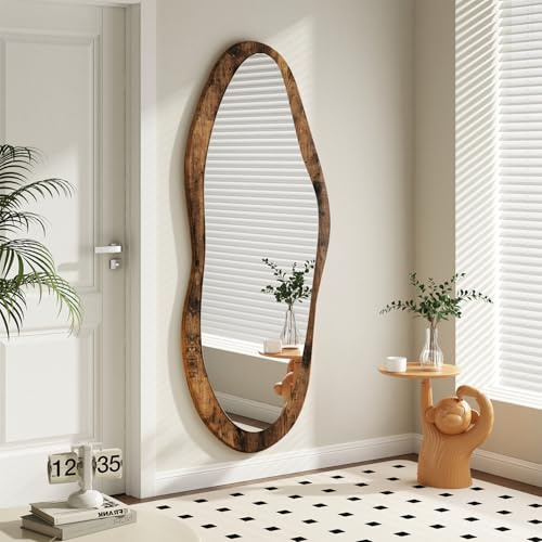 AAZZKANG Großer Unregelmäßiger Wandspiegel mit Holzrahmen 120x50cm Vintage Asymmetrischer Volllängen-Kosmetikspiegel für Badezimmer Schlafzimmer Wohnzimmer Eingangsbereich