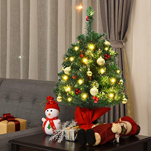 GYMAX 53cm/60cm Mini Pre-lit Christmas Tree, Tabletop Small Artificial Xmas Tree with LED Lights and Stable Base, Miniature Holiday Decoration for Home, Office & Store (60cm with 15 LED Lights)